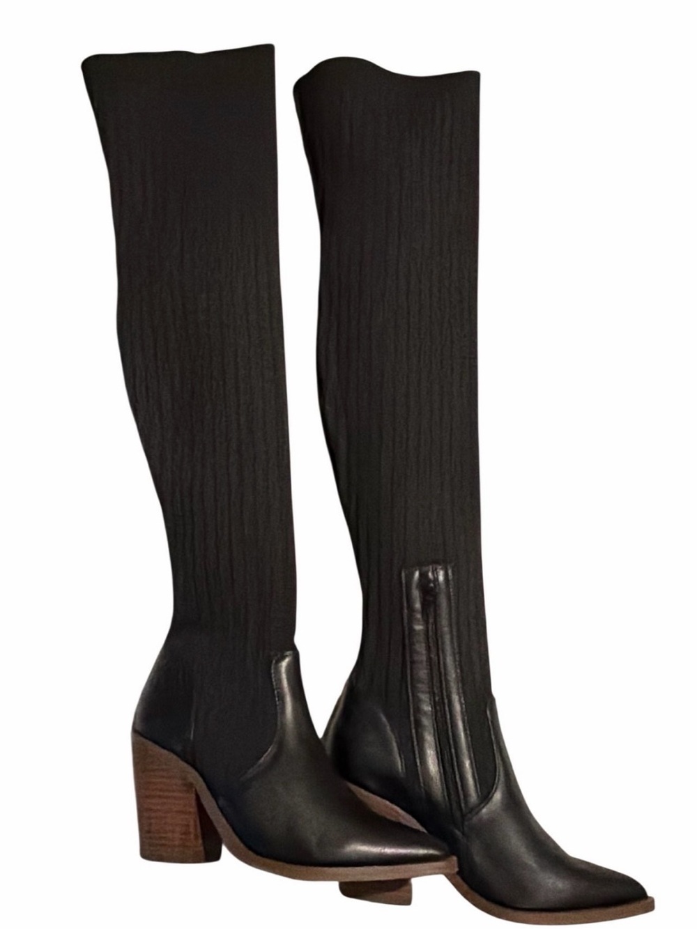 NWOT Black Thigh-High Stretch Sock Boots with Block Heel